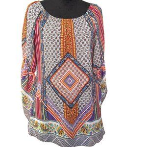 💖Kenar Womens Bohemian Print Bell Sleeve Top S Multicolor